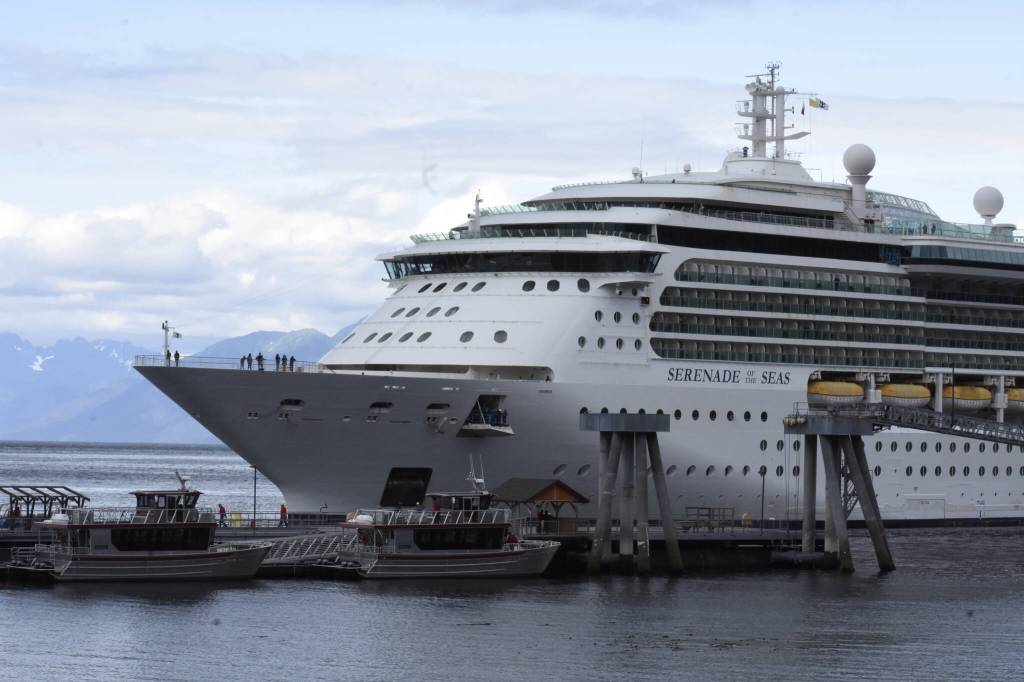 Royal Caribbeans Serenade of the Seas pulls into Icy Point Strait in Hoonah, on Thursday, July 22, 2021. Royal Caribbean personnel are saying booking numbers for the 2022 season are looking healthy. (Peter Segall / Juneau Empire File)