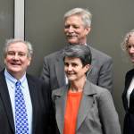 Justices of the Alaska Supreme Court gathered for a photo outside the Dimond Courthouse building in downtown Juneau on Wednesday, Feb. 9, 2022, following Chief Justice Daniel Winfrees State of the Judiciary address to the Alaska State Legislature. From left to right: (Back row) Justices Dario Borghesan, Peter Maassen and Jennifer Henderson. (Front row) Chief Justice Daniel Winfree and Justice Susan Carney. (Peter Segall / Juneau Empire)