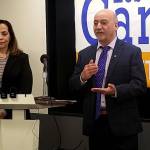 Gubernatorial candidate Les Gara, right, announced as his running mate Jessica Cook, left, an Eagle River school teacher, at a news conference in Anchorage on Monday, Feb. 14, 2022. (Courtesy photo / Erin Kirkland)