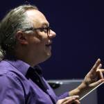 William Todd Hunt conducts during rehearsal for Wolf Songs. The upcoming musical event features new works by Alaskan composers Emerson Eads and Hunt with librettists Dave Hunsaker and Nick Jans, and vocals from Vox Borealis among others. It will be accompanied by choreography as well as projected photos and videos of the world-famous wolf called Romeo.