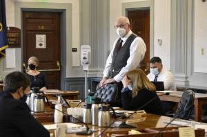 Senate Finance Committee members Sens. Bert Stedman, R-Sitka, and Natasha Von Imhof, R-Anchorage, listen to public testimony for bills related to the Permanent Fund Dividend on Monday, Feb. 21, 2022. The majority of callers accused lawmakers of stealing PFD money. (Peter Segall / Juneau Empire)