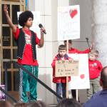Then-Juneau-Douglas High School: Yadaa.at Kalé student Arias Hoyle speaks at the Fund Our Future rally on the steps of the Alaska State Capitol on Saturday, April 13, 2019. Hoyle, now 20, makes music under the moniker Air Jazz. (Alex McCarthy / Juneau Empire File)