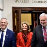 Peter Segall / Juneau Empire 
Alaska Rep. Bryce Edgmon, I-Dillingham, left, and Sen. Gary Stevens, R-Kodiak, right, escort U.S. Sen Lisa Murkowski, R-Alaska, into the chambers of the Alaska House of Representatives for her annual address to lawmakers on Tuesday, Feb. 22, 2022.