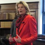 Sen. Lisa Murkowski, R-Alaska, speaks to reporters in the state Capitol on Tuesday. Murkowski spoke to reporters after giving a speech to a joint session of the Legislature. (AP Photo / Becky Bohrer)