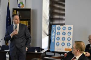 Doug Simon with the Alaska Section of the Alaska Society of Civil Engineers gave a presentation on Alaska's infrastructure report card at the Alaska State Capitol on Wednesday, Feb. 23, 2022. ASCE graded Alaska's overall infrastructure at a C-. (Peter Segall / Juneau Empire)