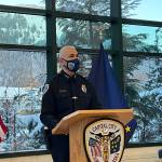 Juneau Police Chief Ed Mercer speaks during a news conference on Feb. 23, 2022 about an officer-involved shooting the previous day. (Michael S. Lockett / Juneau Empire)