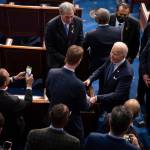President Joe Biden greets people after his first State of the Union address to a joint session of Congress at the Capitol, Tuesday, March 1, 2022, in Washington. (Sarahbeth Maney/The New York Times via AP, Pool)