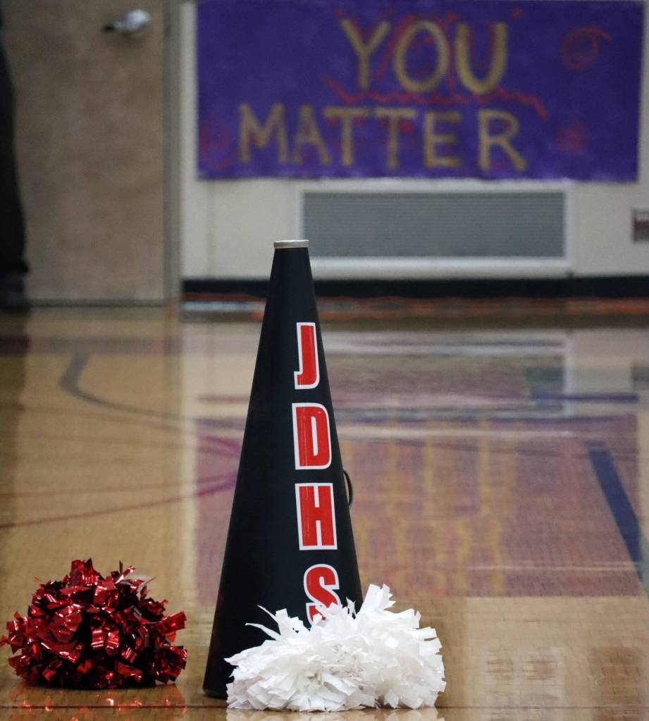 Friday nights basketball game was the second Take a Timeout to Talk - Suicide Prevention Awareness game. Coaches and players donned purple and Juneau School District Superintendent Bridget Weiss spoke at halftime about the importance of mental health and suicide awareness. Signs with slogans such as you matter were visible throughout the gym. (Ben Hohenstatt / Juneau Empire)