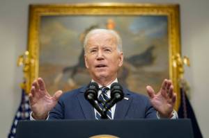 President Joe Biden announces that along with the European Union and the Group of Seven countries, the U.S. will move to revoke "most favored nation" trade status for Russia over its invasion of Ukraine, Friday, March 11, 2022, in the Roosevelt Room at the White House in Washington. (AP Photo/Andrew Harnik)
