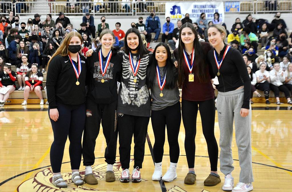 Athletes who received Region V 4A All-Conference honors stand for a photo together following the conclusion of the Region V Tournament. Those receiving honors were Sydney Strong of TMHS, Skylar Tuckwood of JDHS, Trinity Jackson of JDHS, Shaelyn Mendoza of KHS, Lyndsey Byron of KHS and Bree Johnson of KHS. (Courtesy Photo)