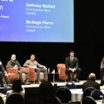 From left to right: Chairman of Goldbelt Inc.s Board of Directors Todd Antioquia, Sealaska Corporation Board of Directors Chair Joe Nelson; Sealaska CEO Anthony Mallot; Goldbelt President and CEO McHugh Pierre and University of Alaska Southeast Chancellor Karen Carey at the Centennial Hall on Thursday, March 17, 2022 for the Juneau Economic Development Corporations annual innovation summit. (Peter Segall / Juneau Empire)