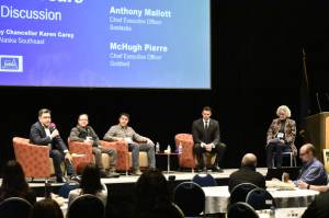 From left to right: Chairman of Goldbelt Inc.'s Board of Directors Todd Antioquia, Sealaska Corporation Board of Director's Chair Joe Nelson; Sealaska CEO Anthony Mallot; Goldbelt President and CEO McHugh Pierre and University of Alaska Southeast Chancellor Karen Carey at the Centennial Hall on Thursday, March 17, 2022 for the Juneau Economic Development Corporation's annual innovation summit. (Peter Segall / Juneau Empire)
