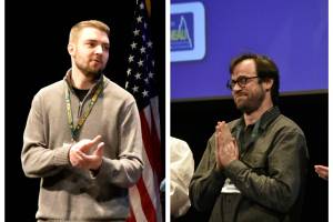 The winners of the Juneau Economic Development Corporations Innovation Summit pitch contest Jay Byam, left, and Jack Finnegan, were announced Thursday, March 17, 2022, at Centennial Hall. Byams Anchorage company Kartorium makes 3D models for industrial products and Finnegans Ketchikan-based Fishability Alaska has designs for a charter fishing boat thats universally accessable for people with disabilities. (Peter Segall / Juneau Empire)