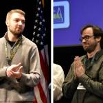 The winners of the Juneau Economic Development Corporation's Innovation Summit pitch contest Jay Byam, left, and Jack Finnegan, were announced Thursday, March 17, 2022, at Centennial Hall. Byam's Anchorage company Kartorium makes 3D models for industrial products and Finnegan's Ketchikan-based Fishability Alaska has designs for a charter fishing boat that's universally accessable for people with disabilities. (Peter Segall / Juneau Empire)