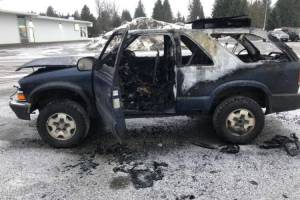 An improvised heating device sparked a February fire in a vehicle near Donnas, totally destroying the vehicle. (Courtesy photo / Capital City Fire/Rescue)
