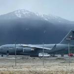 This Friday, March 18 photo shows an Air Force C-17 at Juneau International Airport as it ferried gear to Juneau for a hazardous materials exercise with the city and other organizations. (David Rigas / Juneau Empire)