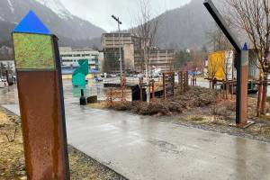An arch at the State Library, Archives and Museum was vandalized late last week, leaving it lopsided. (Michael S. Lockett / Juneau Empire)