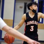 Juneau-Douglas High School: Yadaa.at Kalé sophomore Alwen Carrillo calls out to his teammates during a game earlier this season. The Crimson Bears on Wednesday will take on top-seeded Bettye Davis East Anchorage High School to open the state tournament. (Ben Hohenstatt / Juneau Empire File)