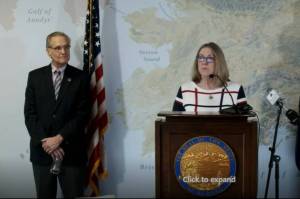 Alaska Division of Elections Director Gail Fenumiai speaks at an Anchorage news conference on Tuesday, March 22, 2022, about the upcoming special election to fill the U.S. House of Representatives vacated following the death of Don Young last week. Screenshot)