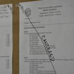 A notice board at the Alaska State Capitol on Tuesday, March 29, 2022, shows the cancellation of the House of Representatives floor session for that morning. For the second day running the House has canceled floor sessions over disagreements between caucuses over masking rules amid an outbreak of COVID-19 among some lawmakers and their staff. (Peter Segall / Juneau Empire)