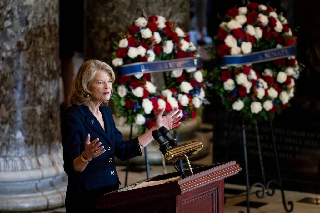 Sen. Lisa Murkowski, R-Alaska, speaks during a ceremony for the late Rep. Don Young, R-Alaska, in Statuary Hall as he lies in state on Capitol Hill in Washington, Tuesday, March 29, 2022. Young, the longest-serving member of Alaskas congressional delegation, died Friday, March 18. He was 88. (Bill Clark/Pool Photo via AP)