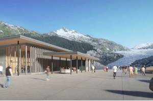 This conceptual rendering shows what a proposed welcome center near the the Mendenhall Glacier Visitor Center would look like. The center is part of a proposed overhaul for the popular recreation area. (U.S. Forest Service)