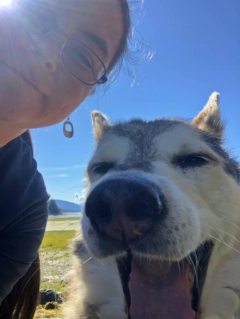 A recent selfie in Juneau shows Yeilk Vivian Mork and older Keishísh, enjoying camping and harvesting.(Yeilk Vivian Mork / For the Capital City Weekly)