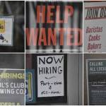 Hiring signs in the windows of businesses in downtown Juneau on Monday, April 18, 2022. Over a million passengers are expected to arrive aboard large cruise ships this summer, and local business say its been a challenge finding enough workers. (Peter Segall / Juneau Empire)