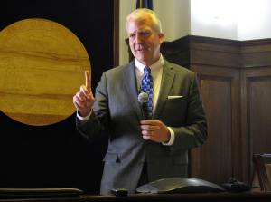 Alaska U.S. Sen. Dan Sullivan speaks to reporters after addressing a joint session of the Alaska Legislature on Tuesday, April 19, 2022, in Juneau, Alaska. Sullivan said he is supporting fellow Republican, Alaska U.S. Sen. Lisa Murkowski, in her reelection bid this year but said he has not yet endorsed a candidate in Alaskas U.S. House race. (AP Photo / Becky Bohrer)
