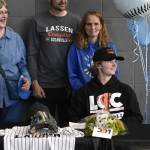 Preston Williams, sitting at right, signed on to play baseball at Lassen Community College in Susanville, California, at a signing ceremony at Thunder Mountain High School on Wednesday. Williams was joined by his parents, Crystal and Shawn, and his grandparents Dorothy and Tom. Williams said he was thankful to his family and friends.