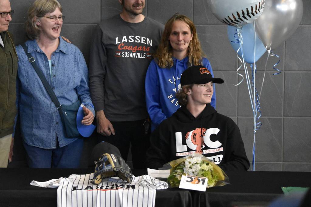 Preston Williams, sitting at right, signed on to play baseball at Lassen Community College in Susanville, California, at a signing ceremony at Thunder Mountain High School on Wednesday. Williams was joined by his parents, Crystal and Shawn, and his grandparents Dorothy and Tom. Williams said he was thankful to his family and friends.