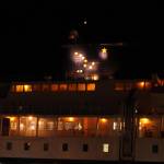 This October 2020 photo shows the pattern of the Alaska state flag illuminated on the M/V Kennicott. (Ben Hohenstatt / Juneau Empire File)