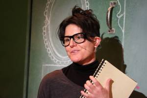 Big Alison (Allison Mickelson) reacts to a memory from her childhood during rehearsals for "Fun Home." (Ben Hohenstatt / Juneau Empire)