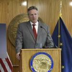 Peter Segall / Juneau Empire 
Gov. Mike Dunleavy speaks at a news conference at the Alaska State Capitol on Thursday, April 27, 2022, to call on lawmakers to pass a substantial Permanent Fund dividend.