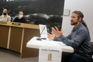 Eaglecrest General Manager Dave Scanlan explains how the COVID-19 pandemic and abnormally low employee salaries posed challenges during the past year and how the ski area’s budget request for next year can help resolve them during a meeting of the Juneau Assembly’s Finance Committee on Wednesday. (Mark Sabbatini / Juneau Empire)