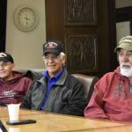 From left to right: Willard Jackson, Dennis Jack and Bill Thomas, Alaska Native veterans from Southeast Alaska met with lawmakers at the Alaska State Capitol on Friday, April 29, to discuss their issues getting land allotments from the federal government. Jackson and Thomas are veterans of the Vietnam War who are eligbile for land allotments, but no lands are available in Southeast Alaska, and veterans are frustrated by the lack of action. (Peter Segall / Juneau Empire)