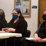Blue Shibler, executive director of the Southeast Alaska Association for the Education of Young Children (center), Emily Thompson, Parents As Teachers coordinator for the organization (left) and Nikki Love, Community Engagement and ROCK Juneau Coordinator for AEYC (right) address the City and Borough of Juneau Assembly Finance Committee on Wednesday in the Assembly Chambers in City Hall. (Mark Sabbatini / Juneau Empire)