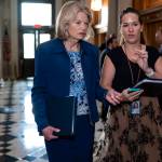 Sen. Lisa Murkowski, R-Alaska, speaks to an aide as senators arrive before a procedural vote on the Womens Health Protection Act to codify the landmark 1973 Roe v. Wade decision that legalized abortion nationwide, at the Capitol in Washington, Wednesday, May 11, 2022. President Joe Biden called on Congress to pass legislation that would guarantee the constitutional right to abortion services after the disclosure of a draft Supreme Court opinion that would overturn Roe v. Wade. (AP Photo / J. Scott Applewhite)