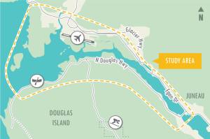 This Alaska Department of Transportation and Public Facilities map shows the study area for a proposed second crossing between Juneau and Douglas Island. (Courtesy Image / DOT&PF)