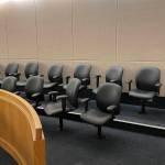 The jury section stands empty between rounds of the jury selection process in the trial for a man charged in a stabbing in downtown Juneau in 2019 on May 16, 2022. (Michael S. Lockett / Juneau Empire)