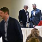 From left to right, Nick Begich III, foreground, and John Coghill, state Sen. Josh Revak, R-Anchorage, and Tara Sweeney, all Republican candidates for Alaska's seat in the U.S. House of Representatives, were at Juneau's Baranoff Hotel on Tuesday, May 16, 2022, for a debate hosted by local Republicans. (Peter Segall / Juneau Empire)
