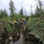 A Southeast Alaska Watershed Coalition crew poses next to their recently completed restoration project on Castor Creek, on Admiralty Island. (Courtesy Photo / Southeast Alaska Watershed Coalition)