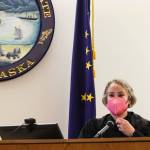 Juneau Superior Court Judge Amy Mead speaks to the attorneys during a trial centered around a 2019 stabbing May 19, 2022. (Michael S. Lockett / Juneau Empire)