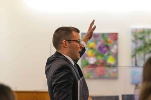 Public defender Nicolas Ambrose gestures during a trial centered around a 2019 stabbing May 19, 2022. (Michael S. Lockett / Juneau Empire)