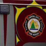 This photo shows the Capital City Fire/Rescue logo that adorns an an ambulance decorated with a formline design. On Friday night, CCFR responded to and extinguished a small fire at a local middle school. (Peter Segall / Juneau Empire File)