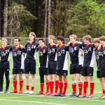 JDHS seniors Tias Carney, Sam Marnon, Callan SMith, Zayden Schijvens, Samuel Holst, Andre Peirovi, Owen Costello, Ahmed Mezel, Solomon Alper, Will Rehfeldt and Ben Goldstein stand in formation as theyre recognized at senior night on May 22, 2022. (Michael S. Lockett / Juneau Empire)
