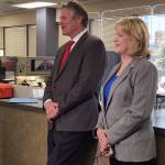 Courtesy photo / Andrew Jensen
Gov. Mike Dunleavy and former Department of Corrections Commissioner Nancy Dahlstrom filed to run on the same ticket for governor and lieutenant governor at an Anchorage Division of Elections office on Monday.