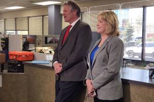 Gov. Mike Dunleavy, left, and former Department of Corrections Commissioner Nancy Dahlstrom filed to run on the same ticket for governor and lieutenant governor at an Anchorage Division of Elections office on Monday, May 23, 2022. (Courtesy photo / Andrew Jensen)