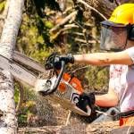Sylvia Heinz, Team Rubicon's deputy administrator for Alaska, hones her chainsaw technique on a downed tree as part of a training event for the disaster-relief organization on Douglas Island on May 25, 2022. (Michael S. Lockett / Juneau Empire)