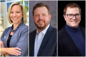 The finalists to be the new chief executive officer at Bartlett Regional Hospital are Emily Dilley (left), CEO of Kearny County Hospital in Lakin, Kan., Matthew Heyn (center), president and CEO of Delta Health in Delta, Colo., and Jeffery Hudson-Covolo, vice president for patient care services and chief nurse executive of Sierra View Medical Center in Porterville, Calif. All three will be in Juneau for interviews with hospital officers and public meet-and-greets starting next Friday. (Courtesy Photos)